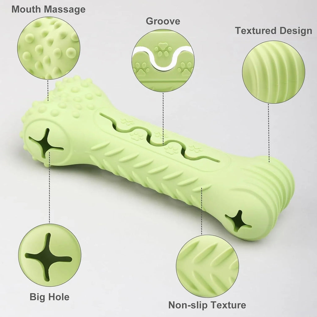 Blue green and orange natural rubber bone-shaped dog chew toy for aggressive chewers on a white background