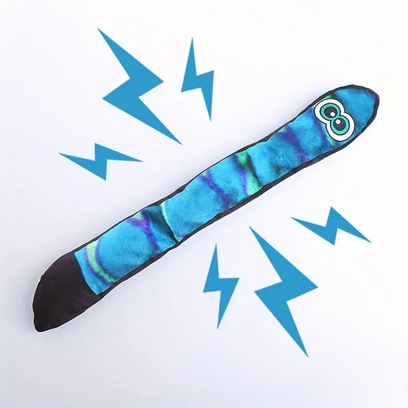 Blue and green plush snake dog squeaky toy with multicolour stripes