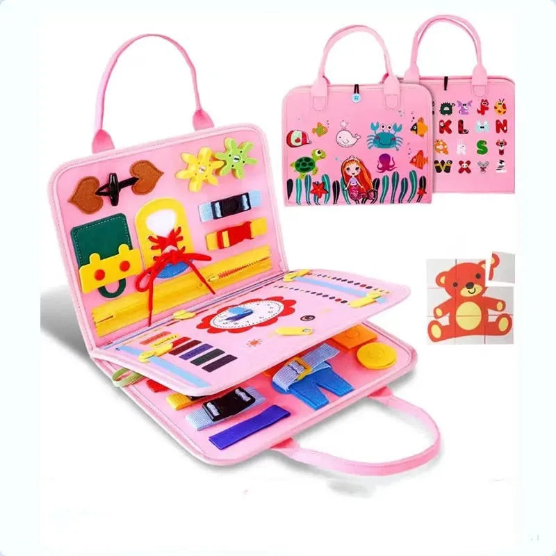 Felt learning board 28x23x3cm with DIY action elements for toddler educational play, fibre felt construction