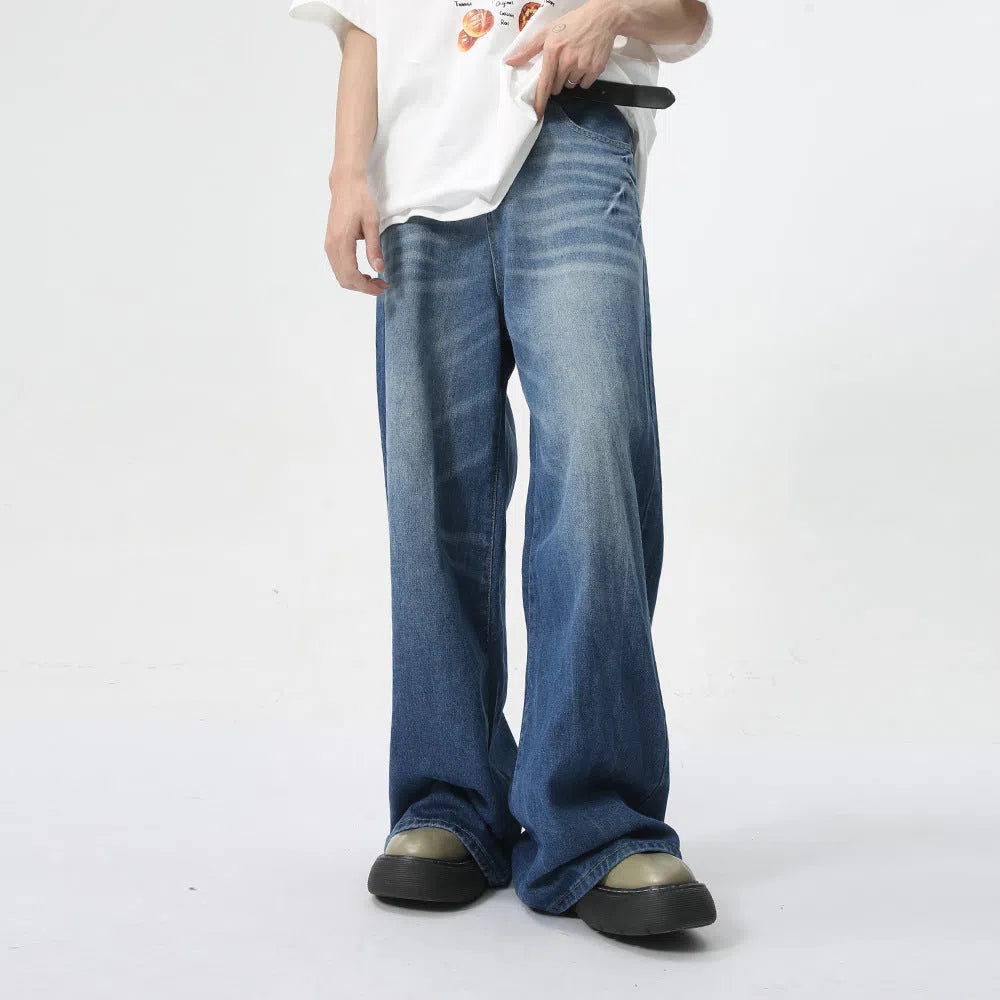 Men's summer loose straight jeans in light blue cotton fabric, full-length trouser style