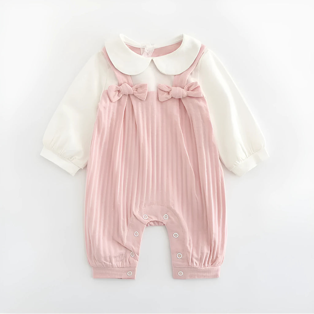 Pink cotton baby girls romper suit with embroidery, long sleeves, and single-breasted closure