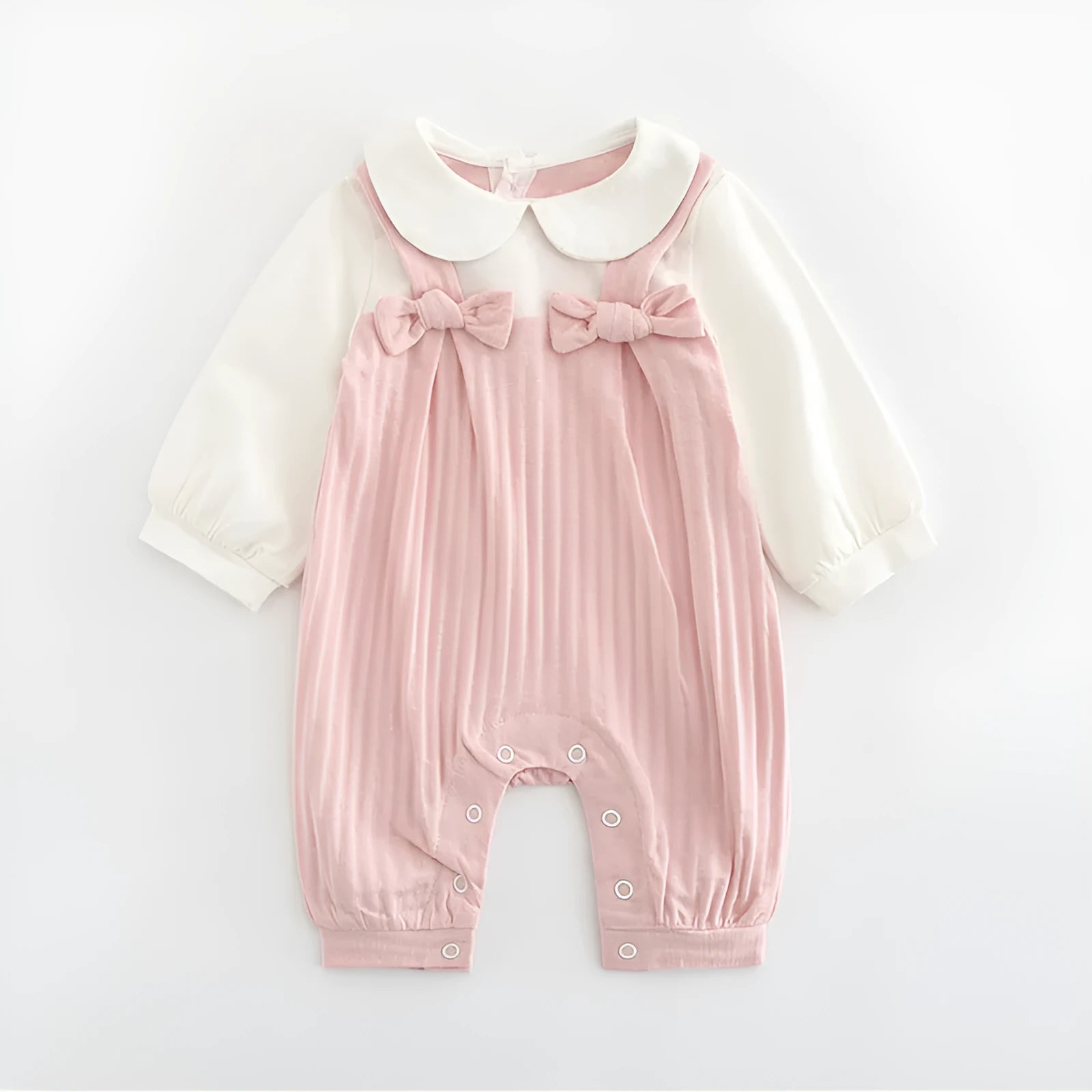 Pink cotton baby girls romper suit with embroidery, long sleeves, and single-breasted closure