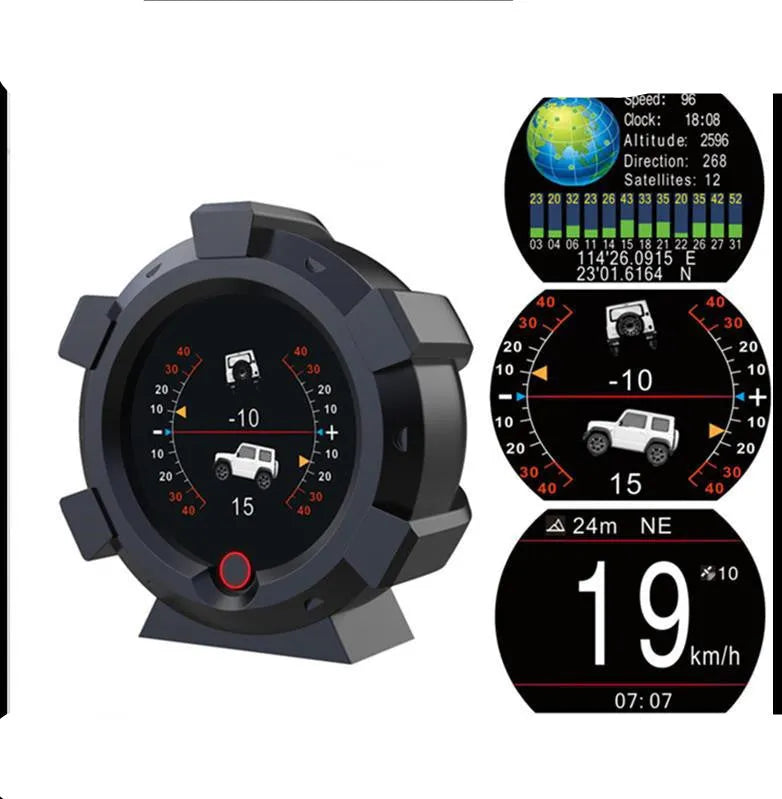 Car incline meter with altitude display showing slope angle, designed for off-road vehicle dashboard mounting OBD colour variant