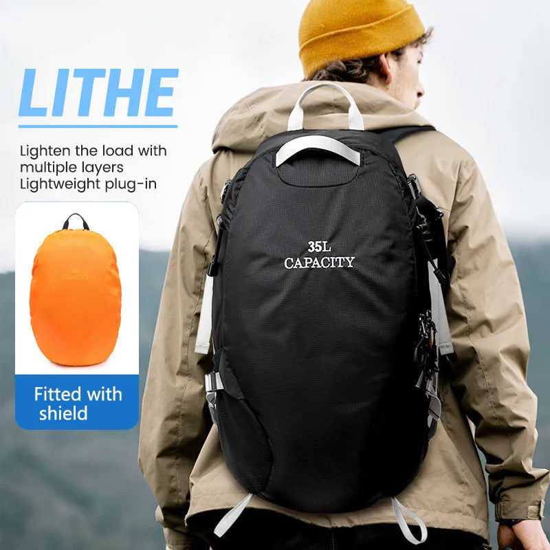 Black waterproof outdoor hiking backpack with physiological curve back plate, shown folded and unfolded.