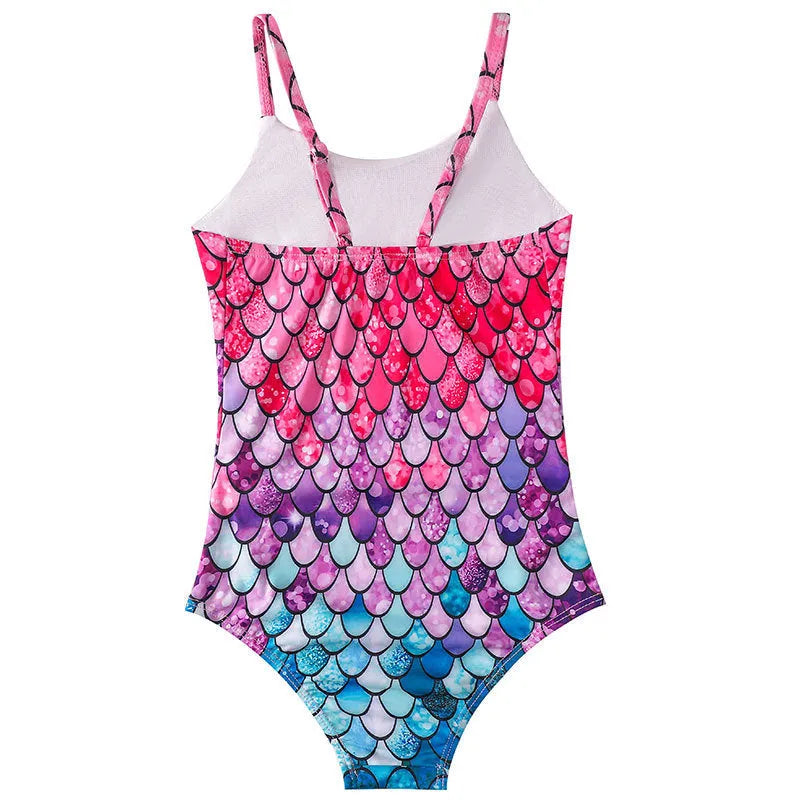 Girls' mermaid one-piece swimsuit in high elasticity polyester on a hanger.