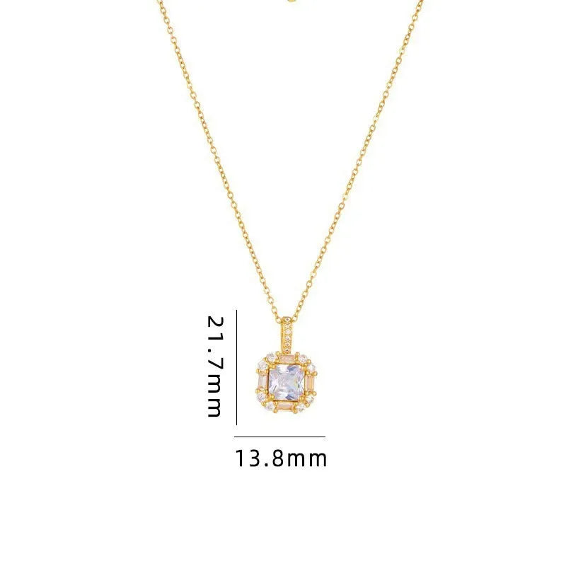 Women's gold titanium steel clavicle chain with geometric quadrilateral zircon pendant on water wave chain