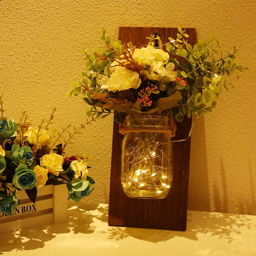 Immortal flower wood wall lamp with petal-shaped glass shade and LED light, remote control included