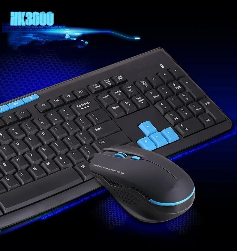 Black USB wireless keyboard and mouse set with receiver for desktop computer use