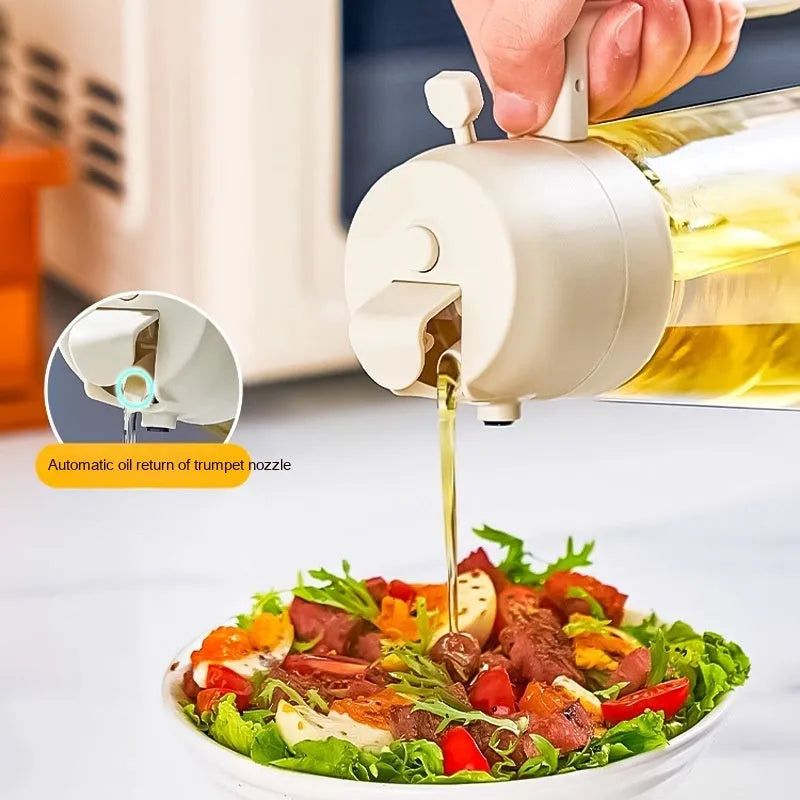 470ml glass oil sprayer dispenser with ergonomic handle in beige, black, green, or yellow colour