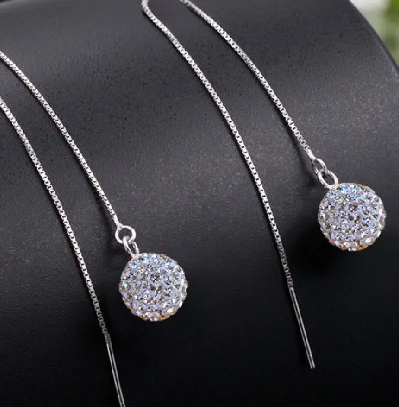 Silver crystal earrings with geometric Korean style design and diamond processed finish