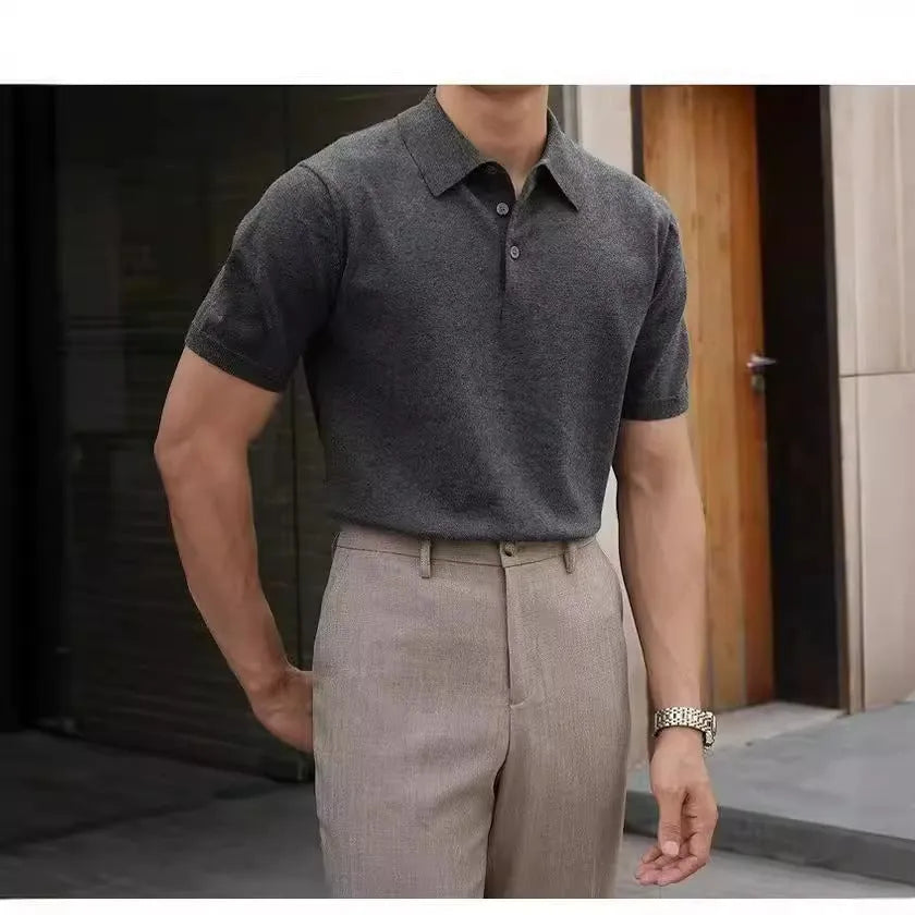Men's knitted short sleeve polo shirt in cotton ice silk fabric, shown in a selection of available colours.