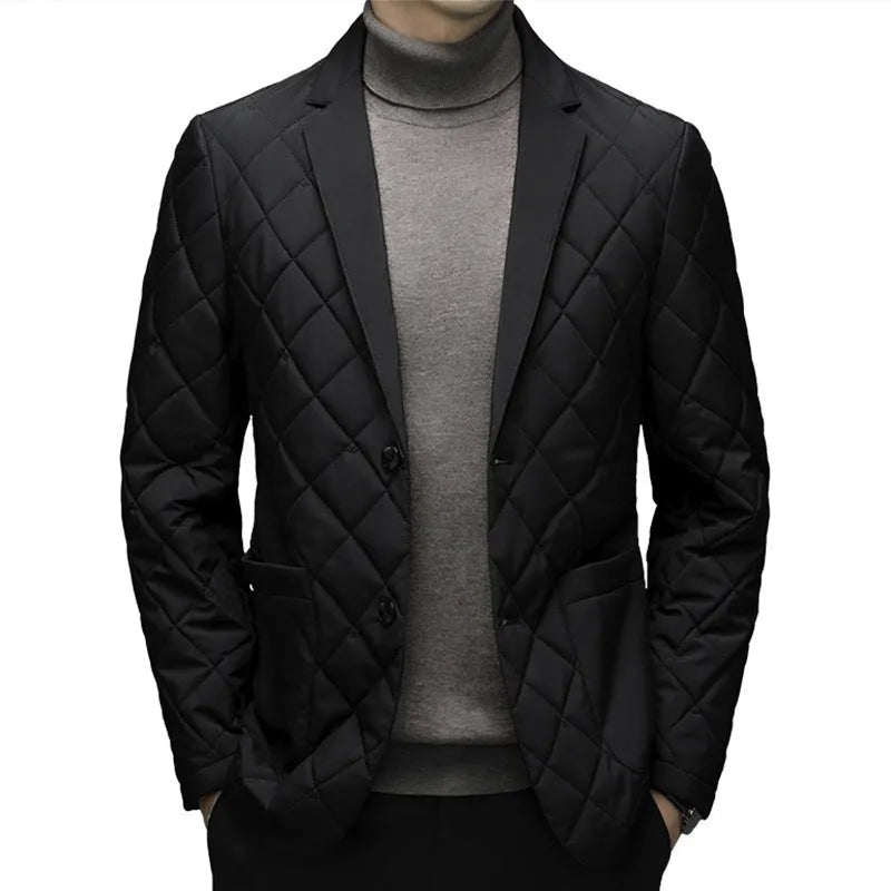 Men's solid colour thick down winter jacket with lapel and side pockets