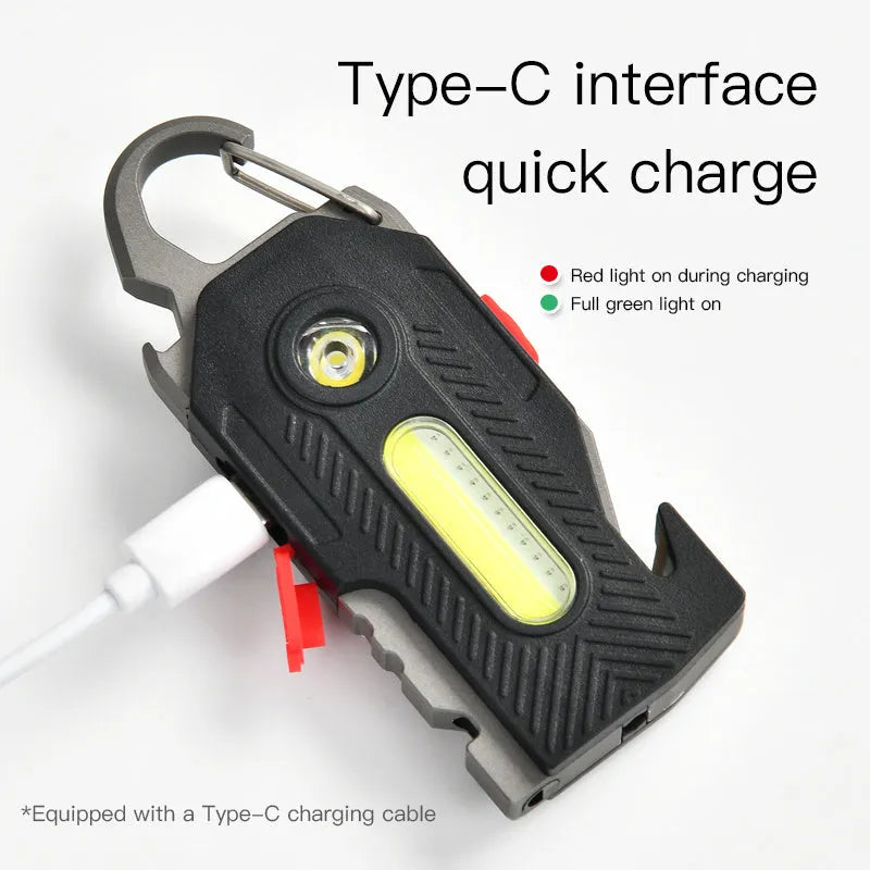 Multifunctional charging emergency light on keychain with COB LED, bottle opener, and screwdrivers