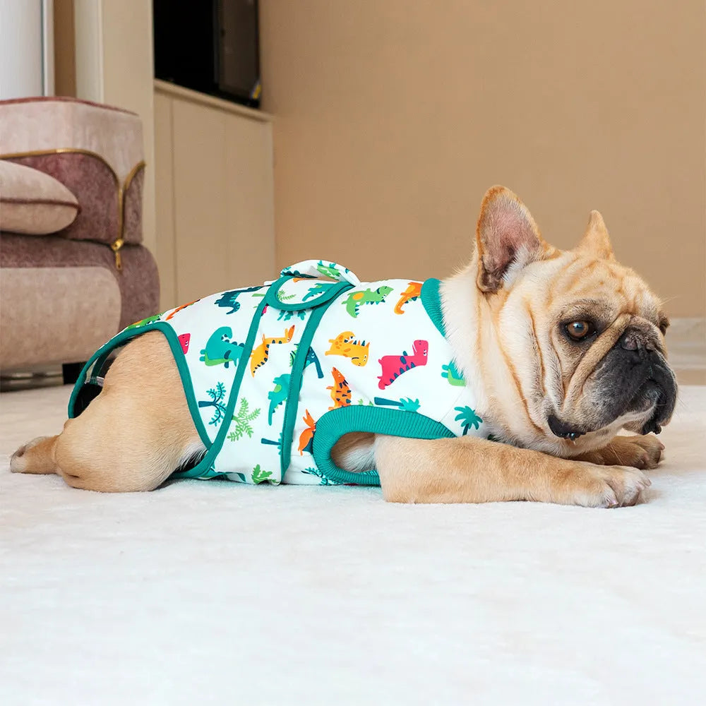 Universal pet recovery suit in black, side view showing snug fit for dogs and cats