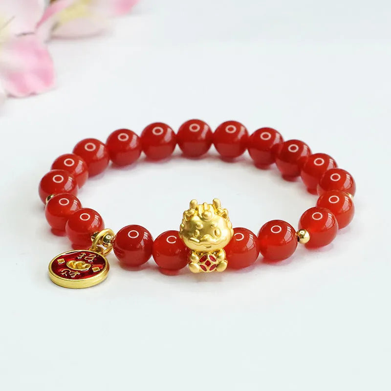 Chinese style red agate zodiac dragon bracelet with 8mm beads.