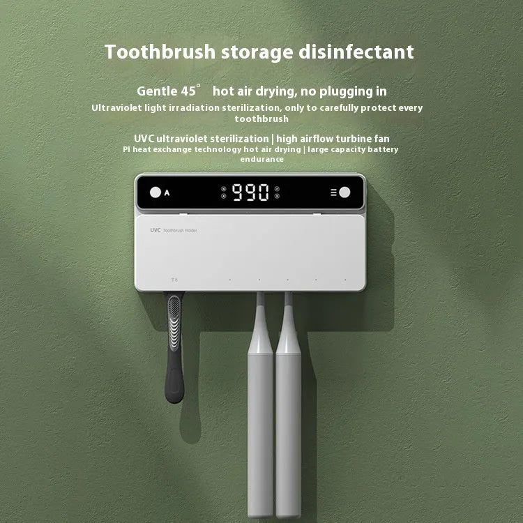 Black toothbrush sterilizer mounted on bathroom wall with UV disinfection and automatic drying