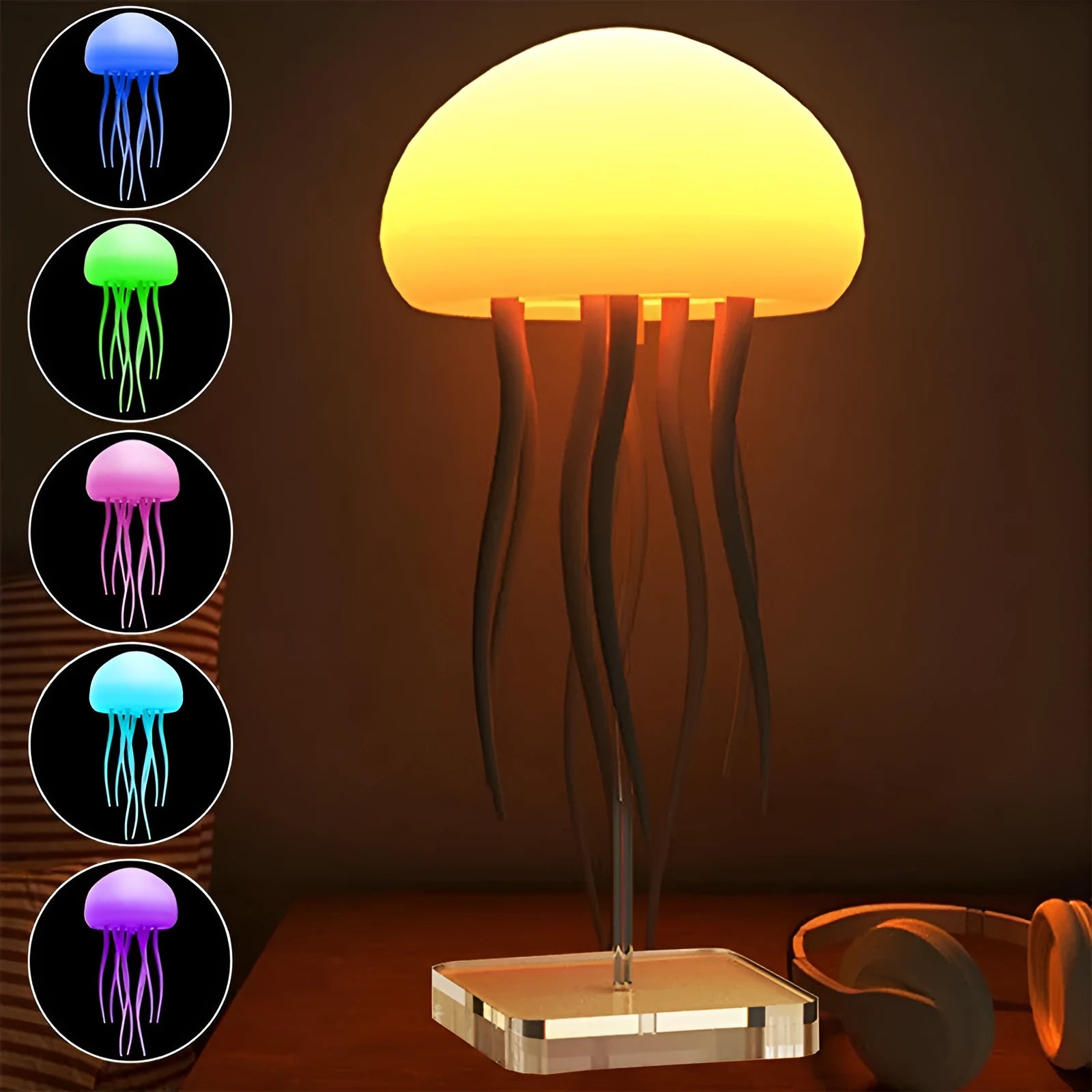 Jellyfish mood lamp with glowing adjustable tentacles on a desk next to a phone.