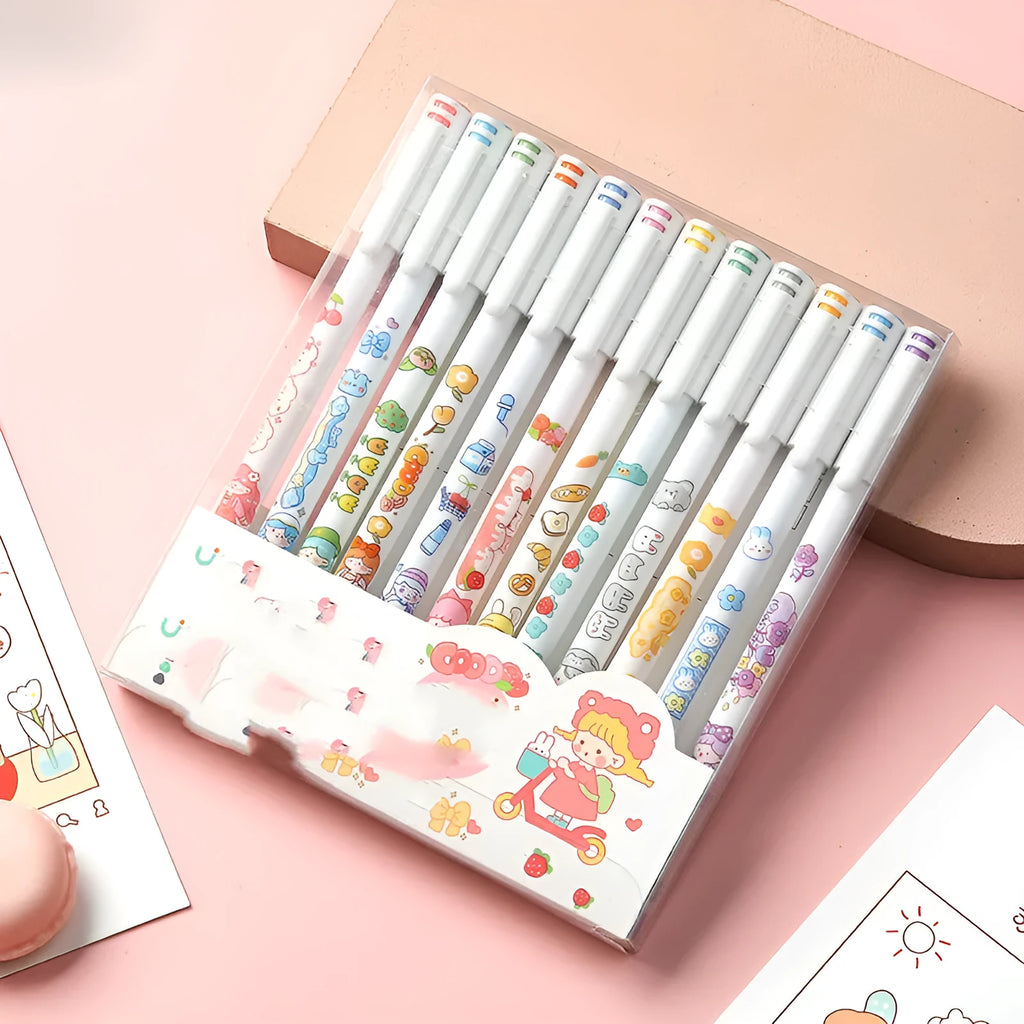 Set of twelve coloured gel pens with 0.5mm fine tips and plastic bodies for hand accounting.