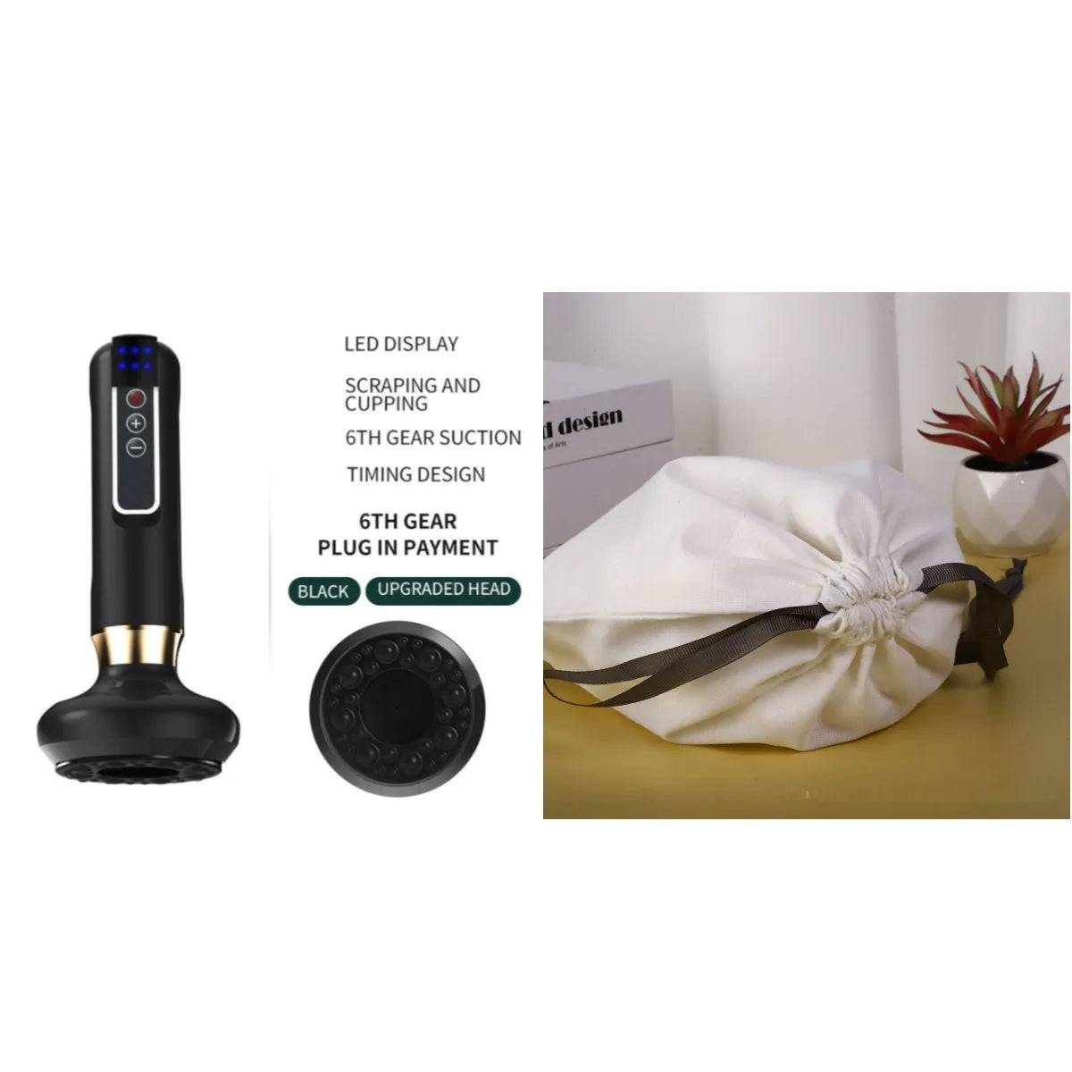 Green electric vacuum cupping massager with USB charger on a white background.