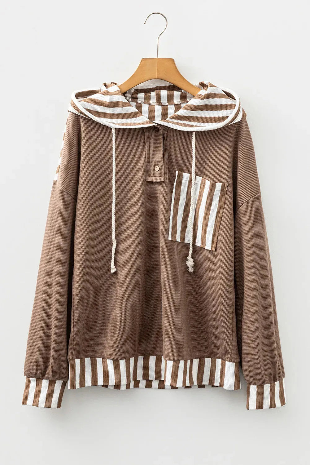 Straw yellow striped patchwork hoodie with waffle texture, button neck, and drawstring waist.