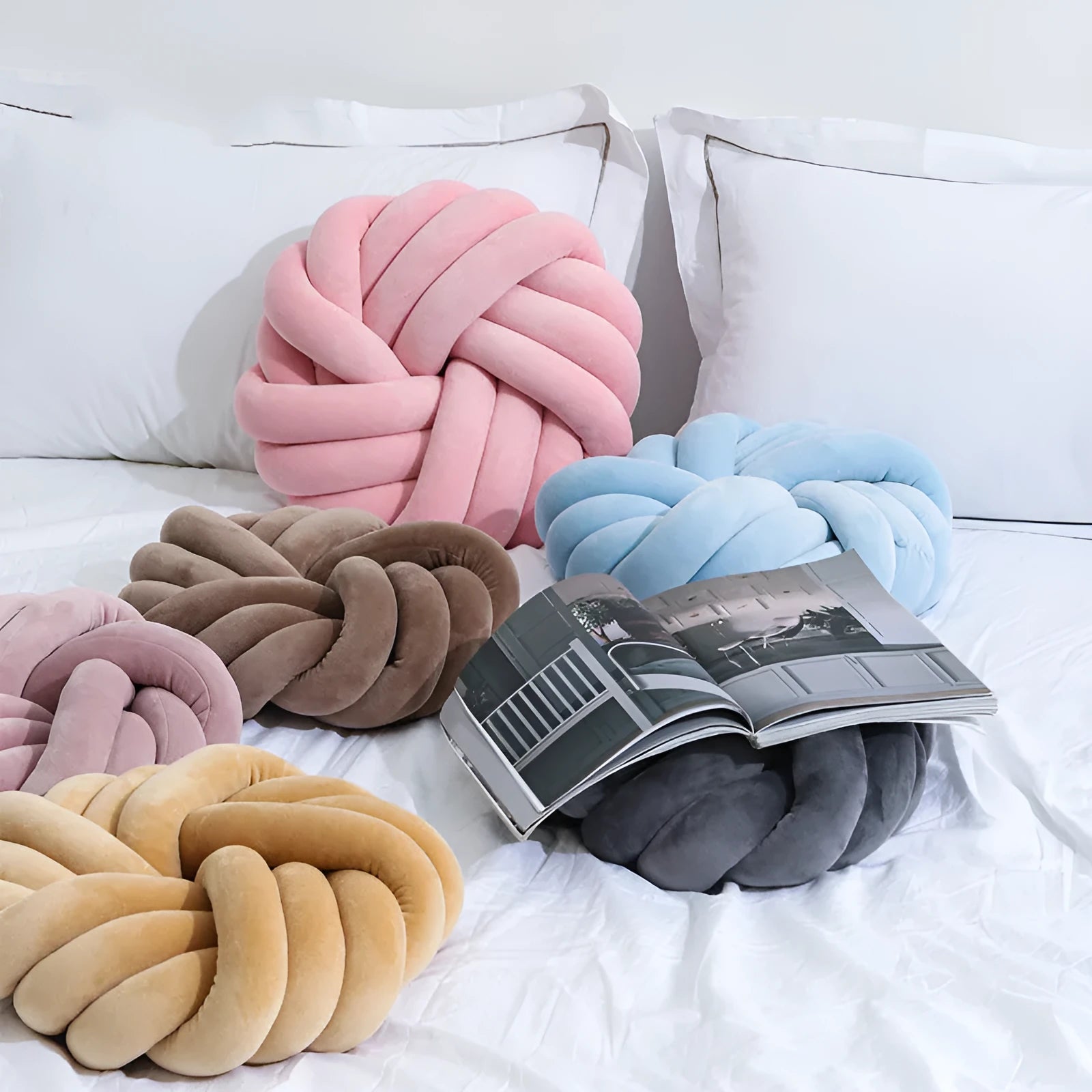Square Nordic cushion with knotted ball design in plush velvet, 35 cm decorative pillow