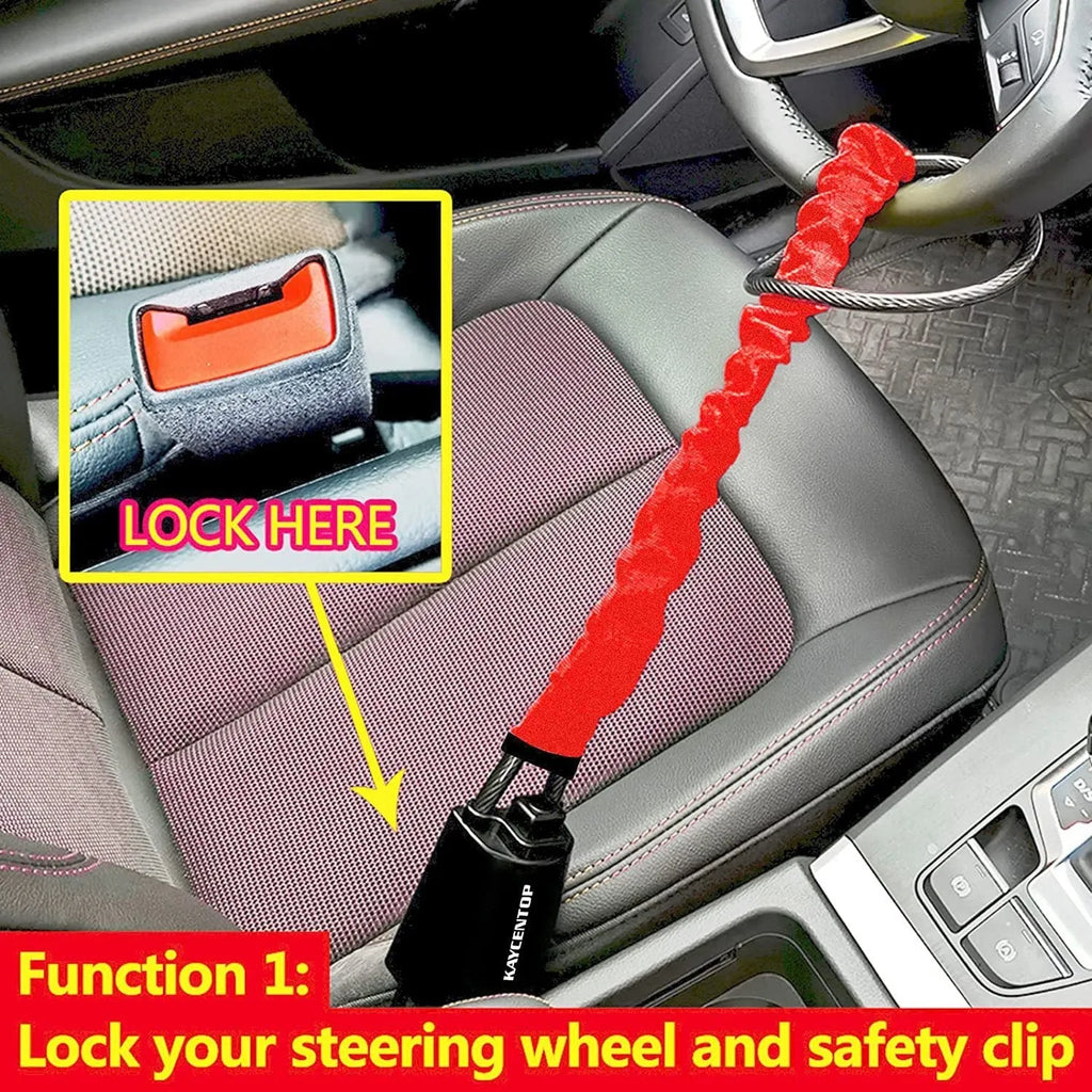 Red iron wire rope steering wheel lock for General Motors cars on a steering wheel.