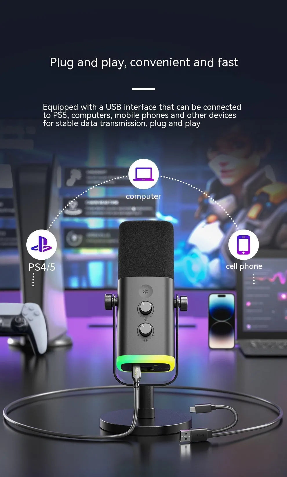 Black dynamic USB and XLR microphone with a weighted desk stand on a wooden surface.
