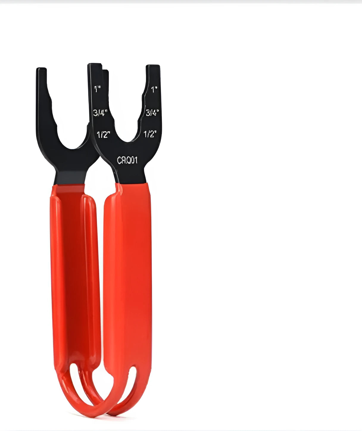 Orange handled Ridgeback adjustable pipe wrench with steel jaws open, showing teeth, on a workbench.