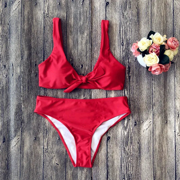 Women's solid colour bikini set in polyester, shown in one of five colour options.