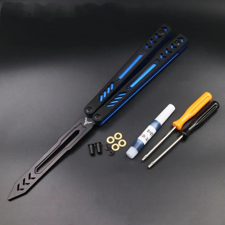 Unbladed aluminium butterfly knife trainer with G10 grip patches showing 25.5cm length and black finish