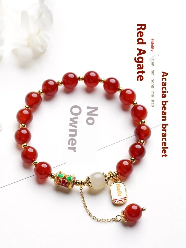 Women's red agate and Hetian jade beads bracelet with gold-plated setting in three style variations