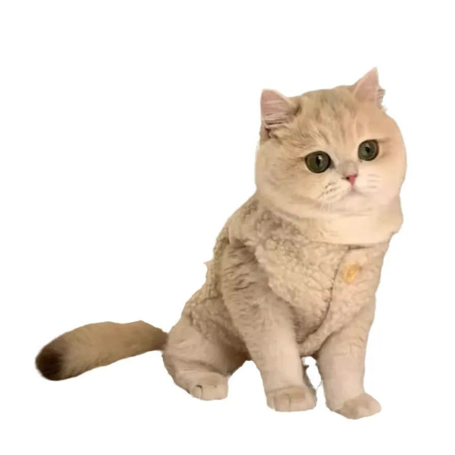 Apricot polar fleece cat winter vest showing simple ins style design with size guide for XS to XL