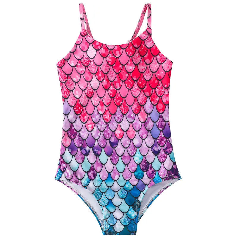 Girls' mermaid one-piece swimsuit in high elasticity polyester on a hanger.