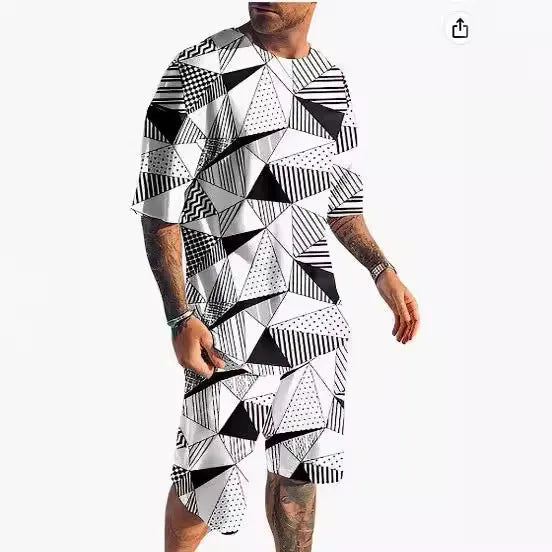 Men's short-sleeved two-piece sports and leisure suit in polyester blend fabric, showing top and shorts set