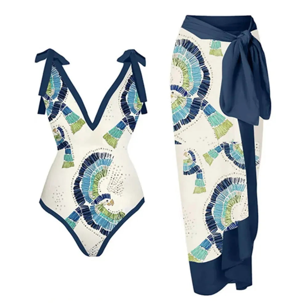 French retro one-piece swimsuit with matching gauze skirt in blue or pink colour options