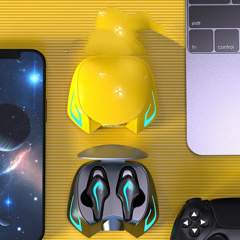 Black grey and yellow wireless gaming earplugs with Bluetooth 5.0, shown with charging case.