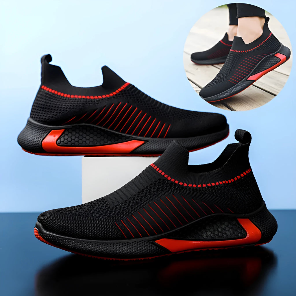 Men's black and white striped mesh slip-on sneakers with flyknit upper and lace-up front