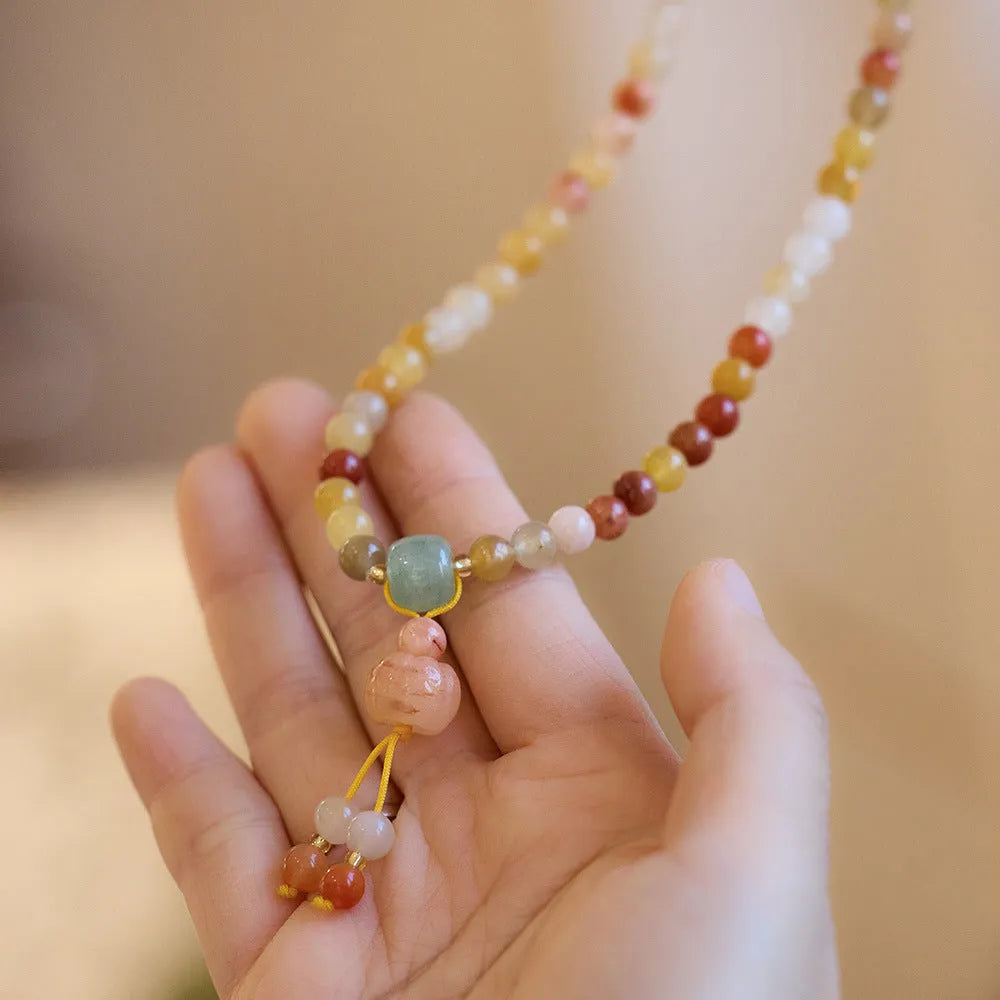 Women's three-circle pumpkin tassel bracelet in Jinsi Jade with 6mm beads for 14-16cm wrists