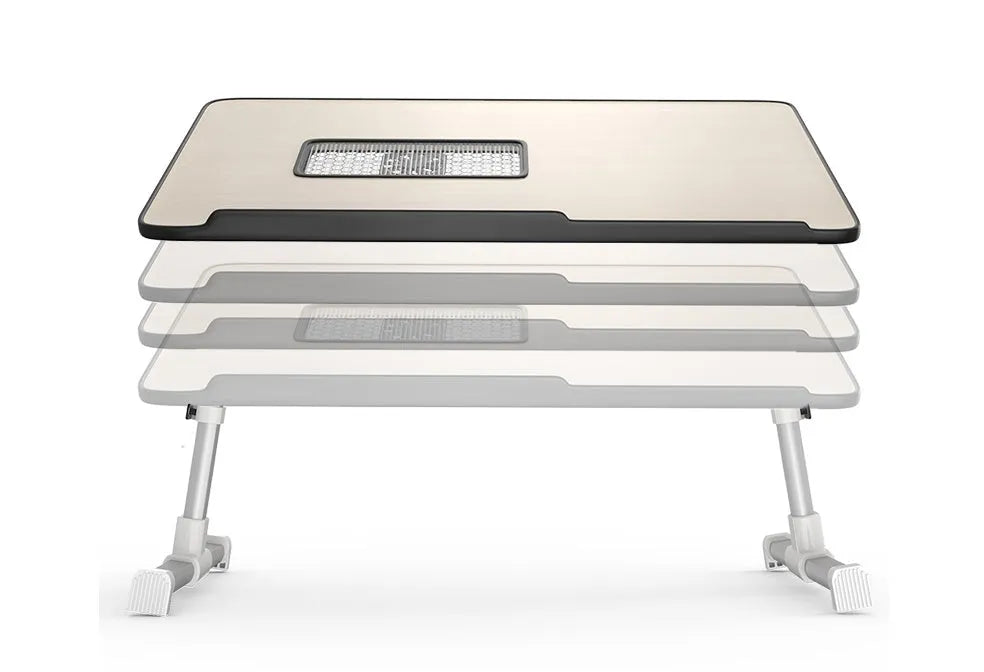 Adjustable laptop desk stand with wood-based panel, folded flat on a surface, 52x30 cm black colour