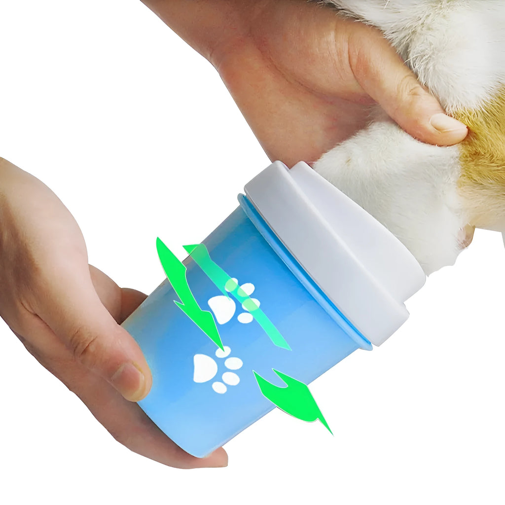 Dog foot washing cup in green, pink, and blue with silicone insert for paw cleaning