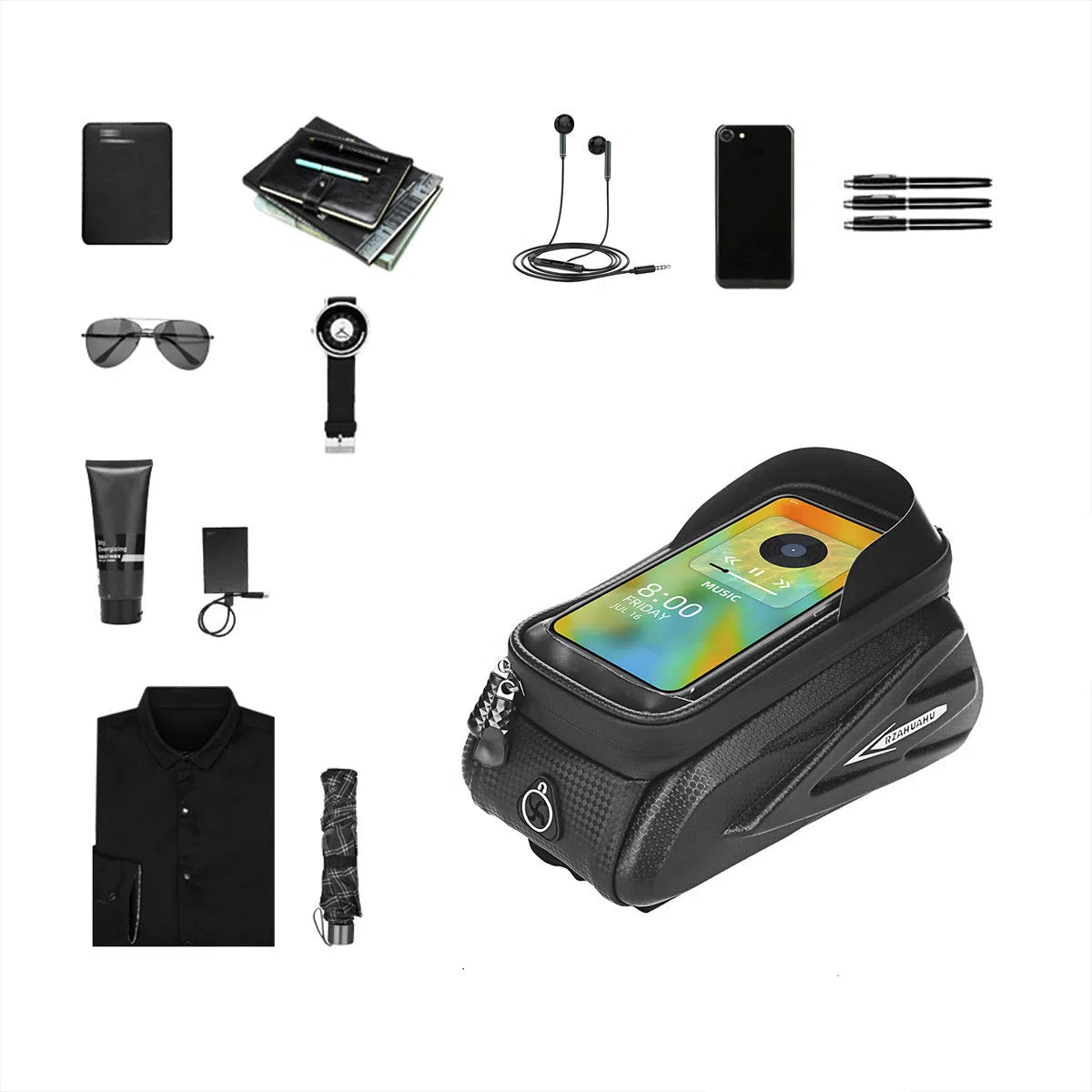 Black EVA PU leather bicycle top tube phone storage bag 1.5L with zipped closure on a bike frame