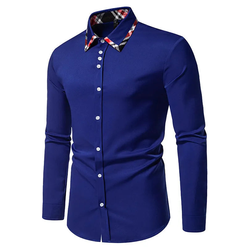 Men's blue plaid long sleeve shirt with a triangle collar and contrasting trim.