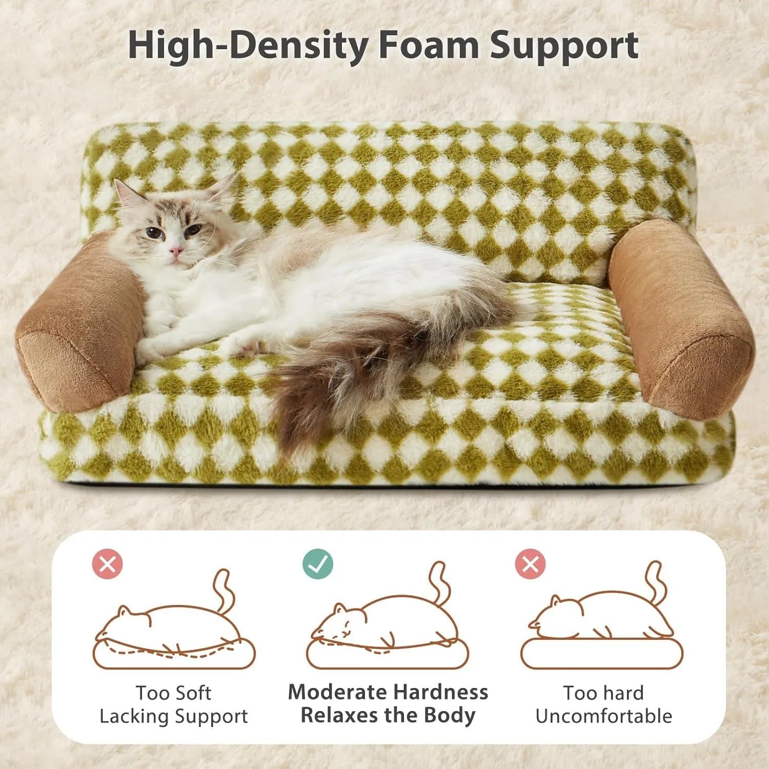 Checkered pattern pet sofa bed for cats and small dogs with a removable cover, shown in a home setting.