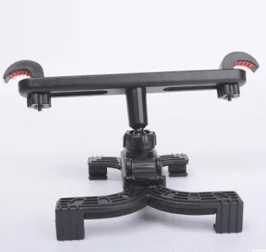 Black universal car tablet holder with adjustable steel mount attached to a car headrest.