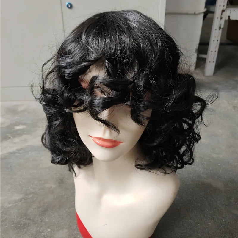 Black synthetic women's Afro wig with long curly exotic style on display