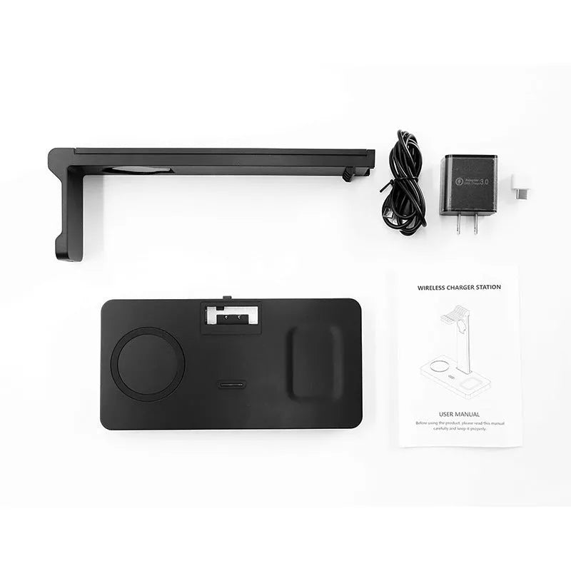 Black multi-device wireless charging station for phone, watch and headset with LED indicators
