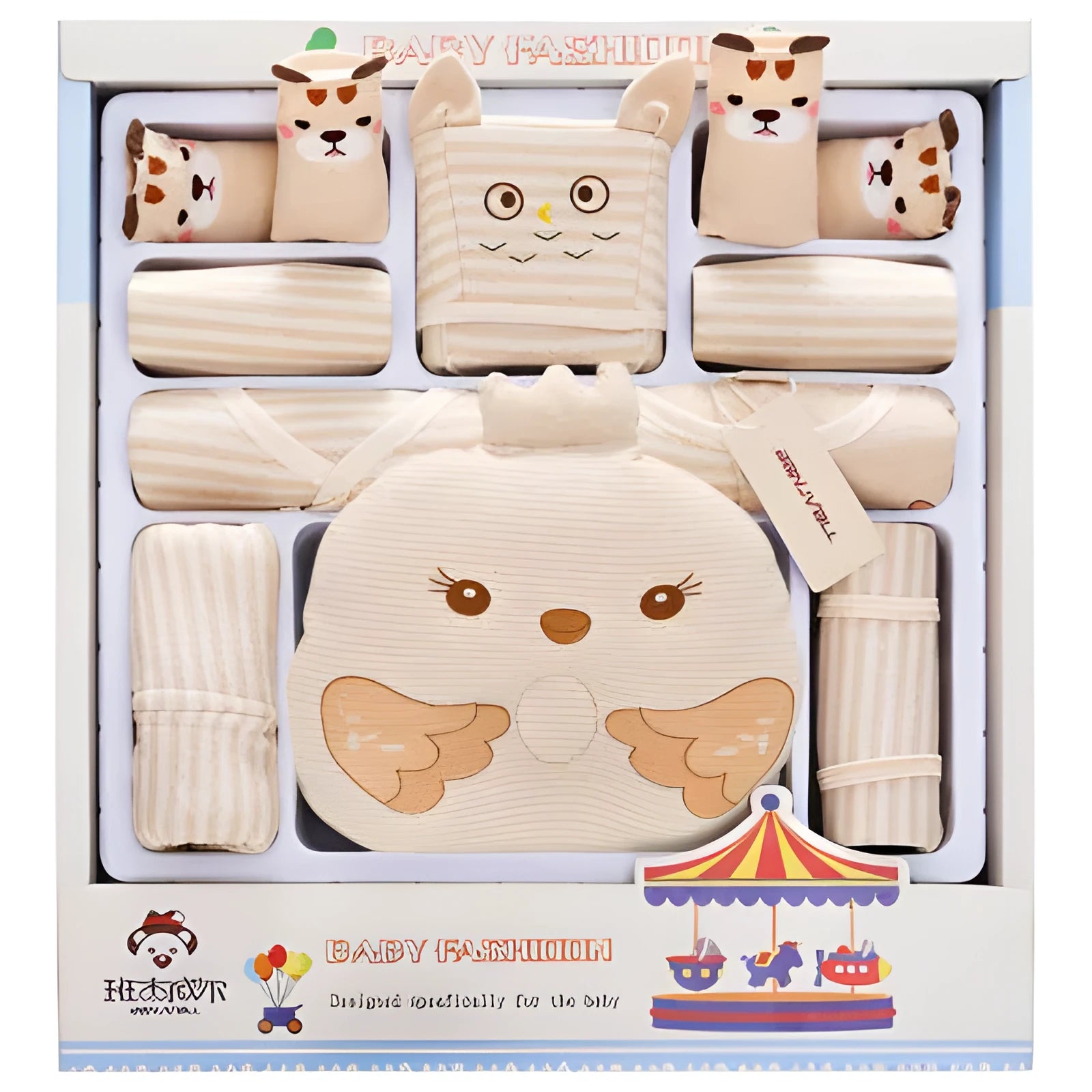 Beige baby clothing gift set with animal print cardigan suit for newborns 0-1 year in presentation box