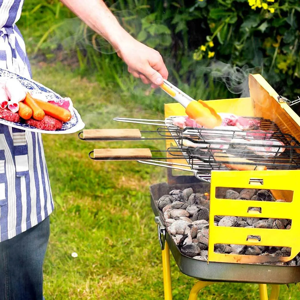 Barbecue basket with long wooden handle and iron mesh, showing rotary lid buckle.