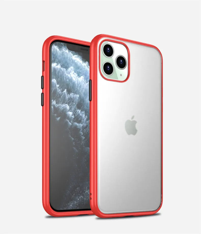 Frosted hard shell protective phone case for iPhone 11 models in black, green, purple, and red.