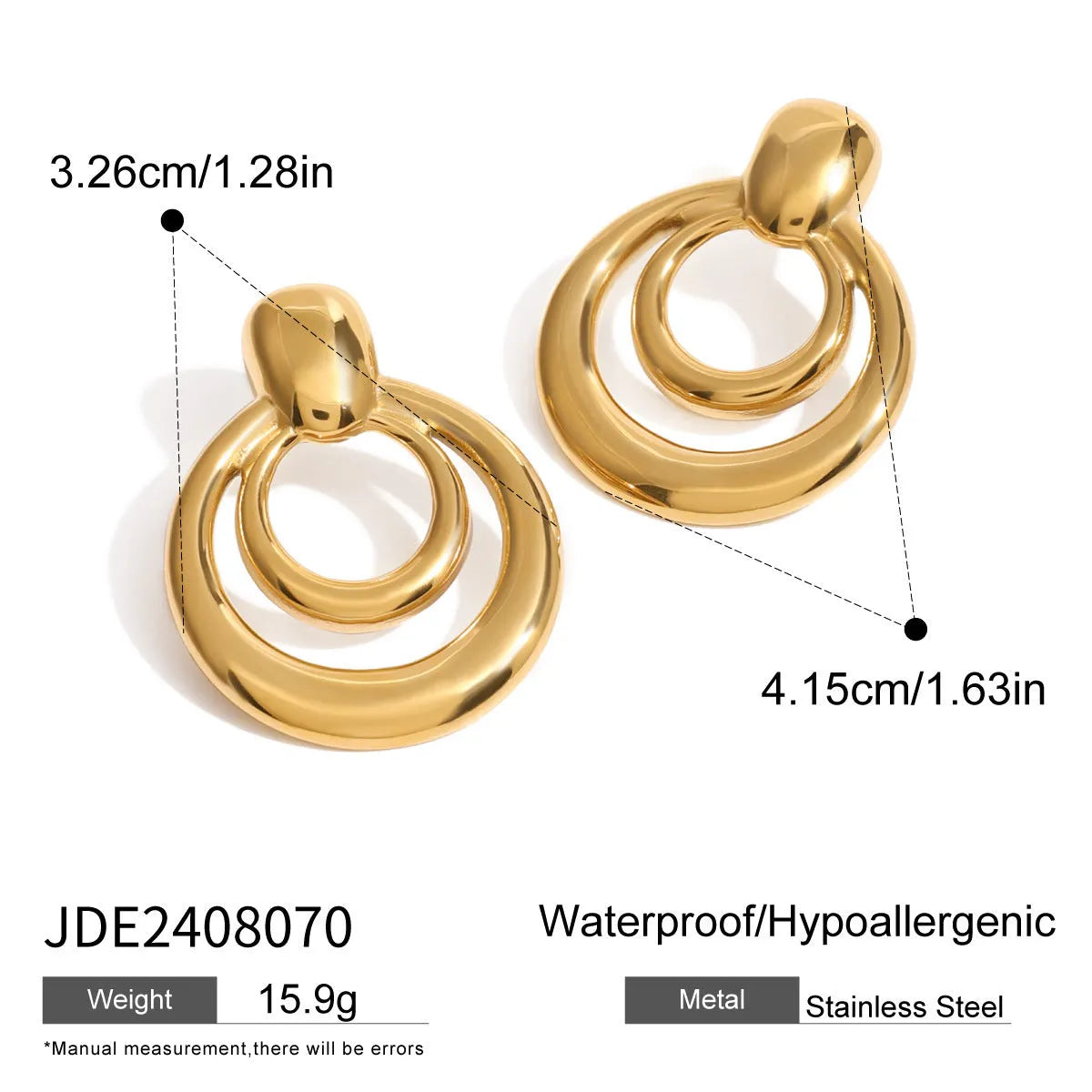Round double layer hollow stud earrings with 18K gold electroplated finish on titanium steel
